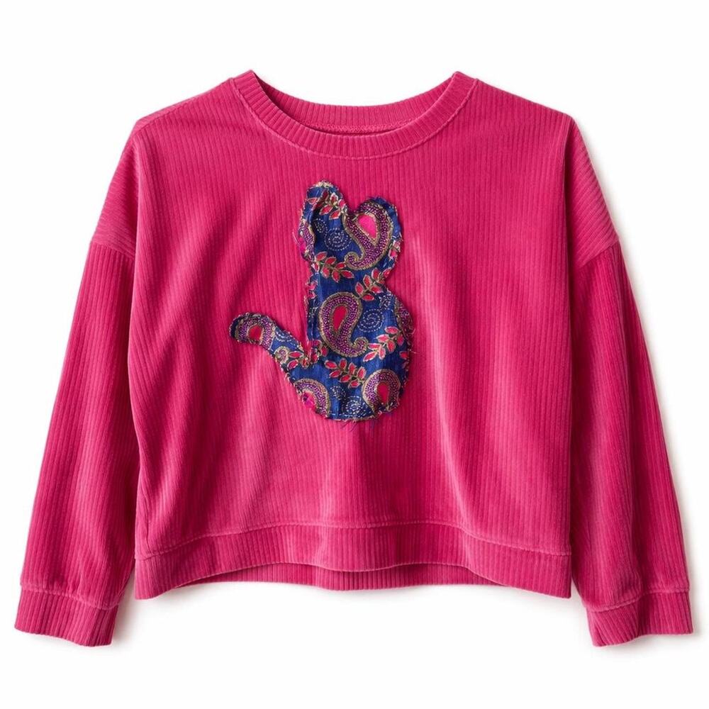 Pink Velvet Velours Y2K Ribbed Long-Sleeve Top Handmade Paisley‎ Cat Upcycled